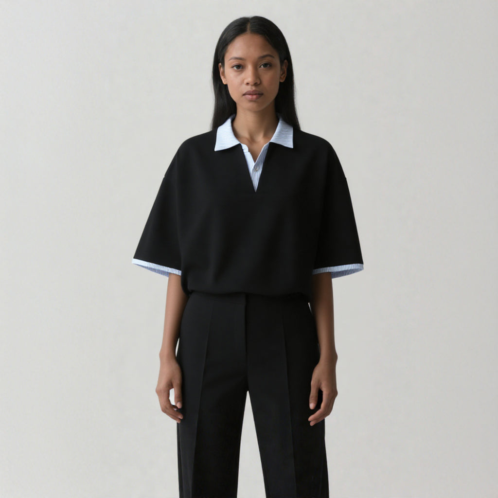 Polo Collar Layered-Look T-Shirt - American Streetwear Style