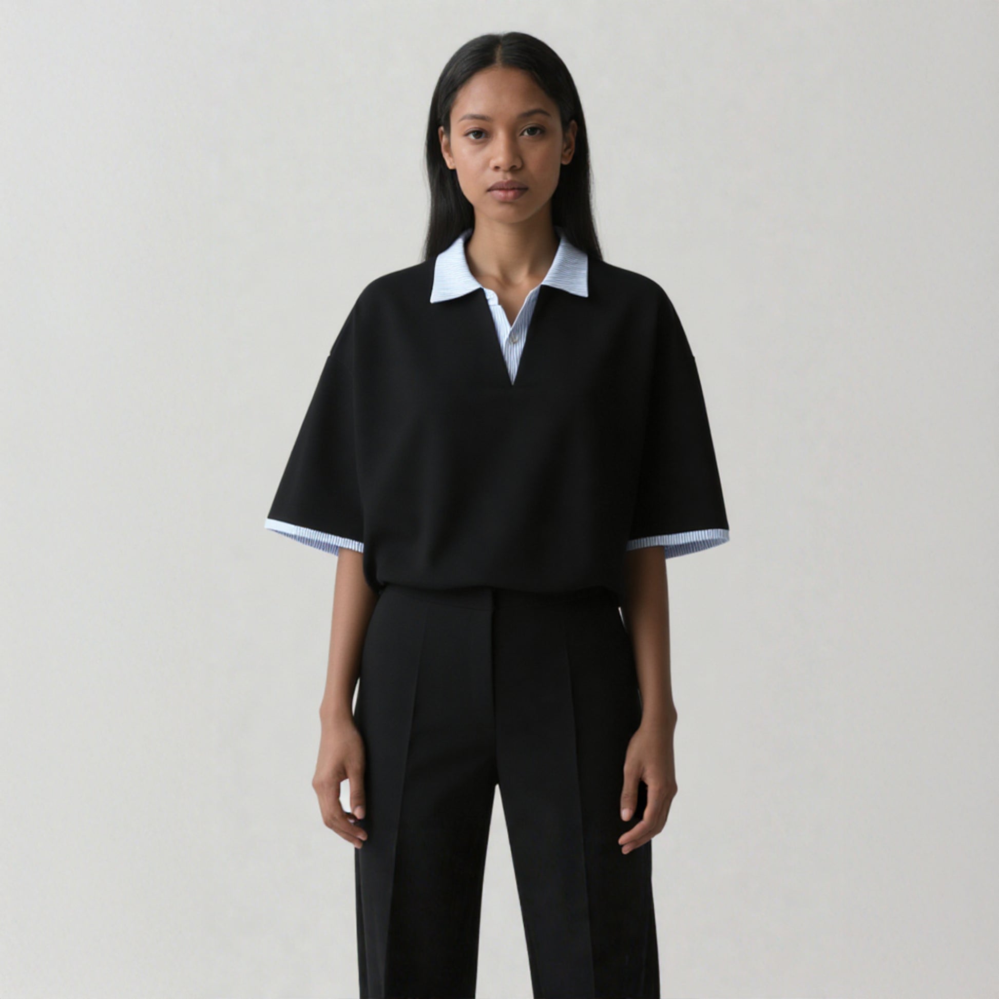 Polo Collar Layered-Look T-Shirt - American Streetwear Style